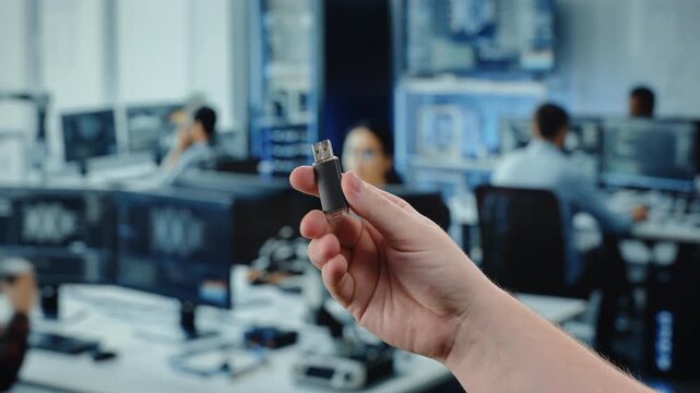 Hand holding USB flash drive in modern office workspace