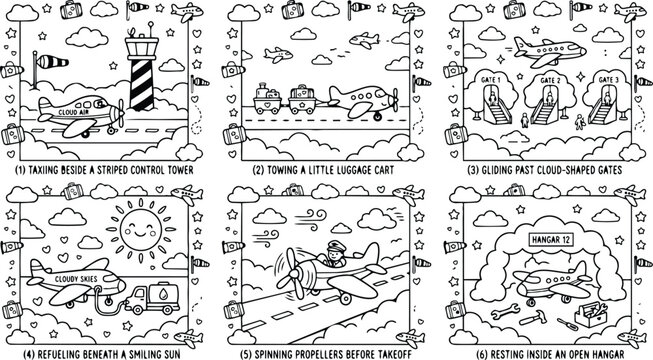 Colorbook style vector art of smiling sun above airplane fueling and spinning propellers beside striped control tower with luggage cart and cloud gates in open hangar scene
