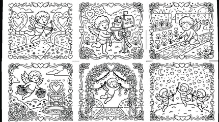 Fototapeta premium Colorbook style six cupid angel scenes with love notes mailbox heart shaped path and flowers detailed line art vector set