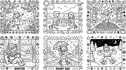 Fototapeta premium Colorbook style children playing in different seasons outdoor activities with smiling expressions including autumn leaves raining umbrella beach sandcastle and winter snow angel fun