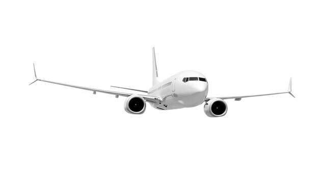 Boeing 737 Max white airplane passenger jet front view landing approach commercial airline flight isolated on a transparent background for aviation posters and travel marketing materials