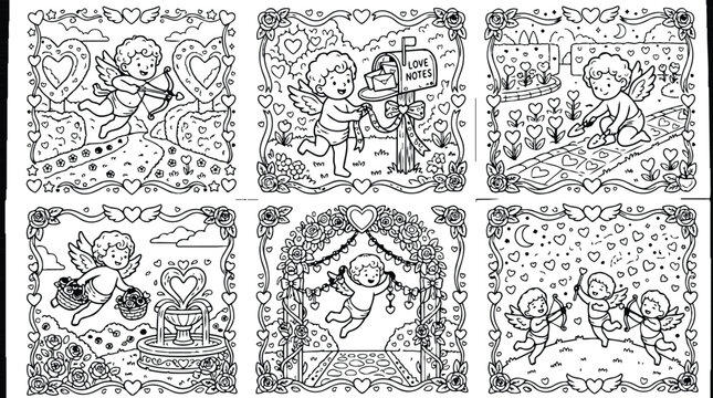 Colorbook style six cupid angel scenes with love notes mailbox heart shaped path and flowers detailed line art vector set