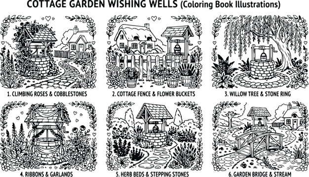 Colorbook style detailed cottage garden wishing wells with climbing roses cobblestone path flower buckets and wooden garden bridge serene outdoor countryside scene