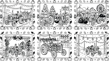 Fototapeta premium Colorbook style detailed farm tractor scenes with harvest crops and festive fair background including pumpkin patch tractor and autumn leaves border
