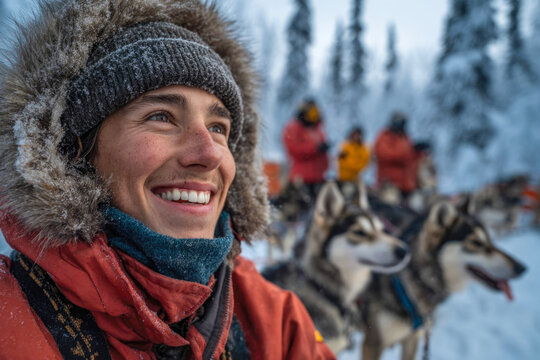 Smiling woman in winter gear with fur-lined hood sits in snow, sled dogs visible in the background, surrounded by snowy trees and fellow mushers in colorful jackets