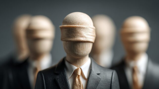 A surreal representation of conformity, featuring blindfolded figures in suits, symbolizing the loss of individuality in business culture and societal norms.