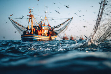 Obraz premium Fishing boat with crew working on deck surrounded by seagulls and splashing water in the foreground, capturing the essence of marine life and fishing industry