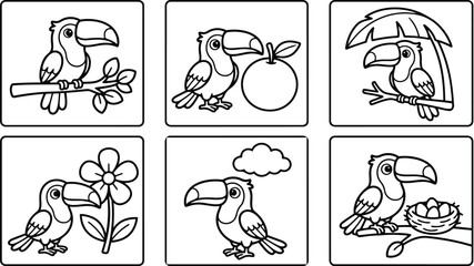Obraz premium Black and white line art toucan with fruit nest flower cloud tropical elements