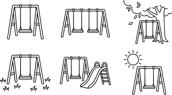 Black and white line art playground swing set with slides trees and sun