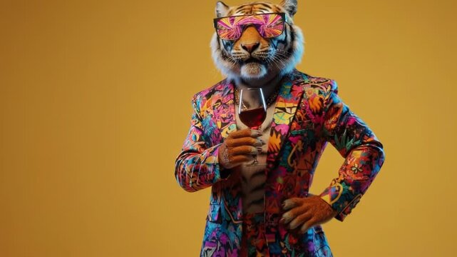 Anthropomorphic tiger in colorful patterned suit wearing sunglasses holding a glass of red wine, surreal concept