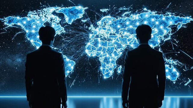 Two men in suits facing a digital world map