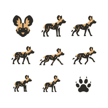 Minimalist vector illustration set of African wild dog Lycaon pictus featuring head icon, various walking and standing side profile poses, and a paw print isolated on white.