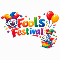 Naklejka premium Colorful April Fools Festival Typography With Clown Character Balloons Confetti And Jackinthebox In Fun Playful Vector Illustration For Party Celebration Design