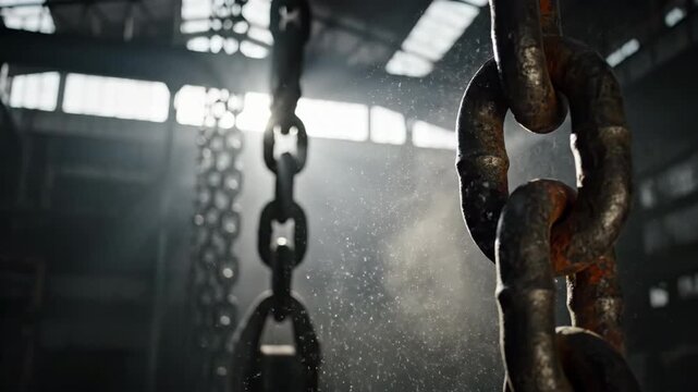 Heavy industrial chains hanging in a dimly lit factory