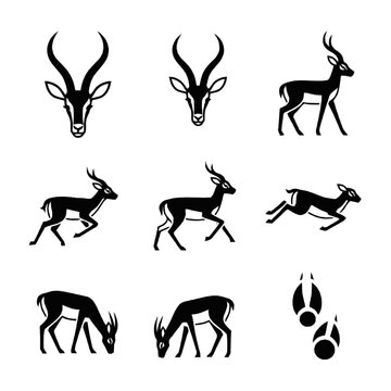 Set of minimalist black and white vector icons featuring gazelle and antelope silhouettes in poses including running, grazing, standing, head portraits, and animal hoof tracks.