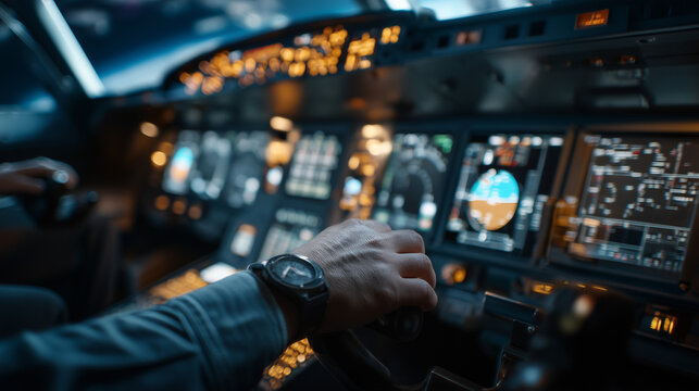 Pilot hand controlling aircraft cockpit with illuminated dashboard, aviation technology and flight control concept.