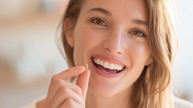 Happy woman holding small pill, healthcare and beauty supplement concept, bright natural portrait.