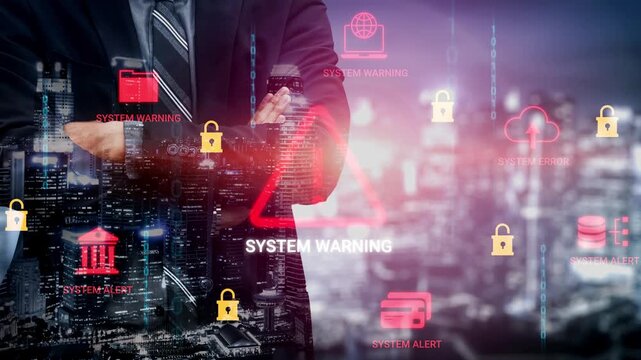 Businessman with arms crossed in front of system warning icons and city skyline, conveying technology security and alertness in a digital age Gluon.