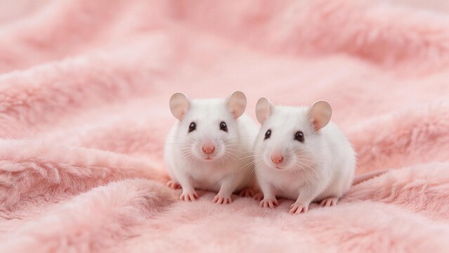 Two white mice on pink fur