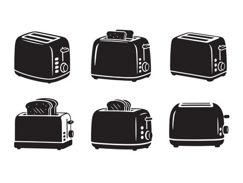 Six different toasters on a white background