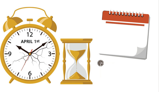 Alarm clock, hourglass, and blank calendar represent the passage of time and scheduling deadlines.