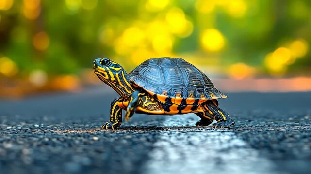 Turtle crosses road in sunlight. A turtle walks on the road during warm weather near trees with blurred background. The sunlight creates bright colors.