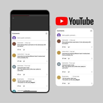 YouTube Comments Interface on Smartphone Screen. YouTube Mobile App UI Design for Video Comments and Engagement