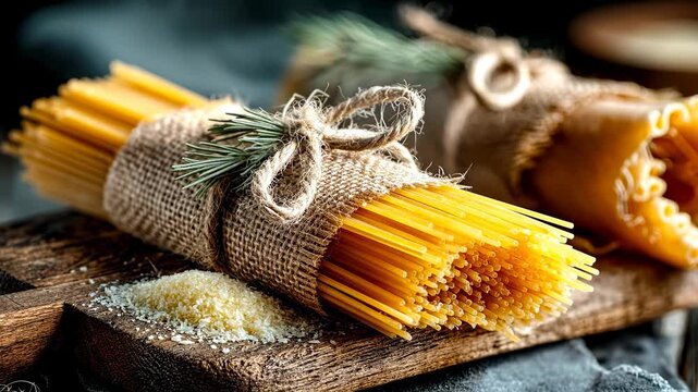 Pasta tied with twine on a wooden board. Pasta is neatly bundled with twine on a wooden board beside some cheese. The scene shows a simple kitchen setup.