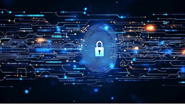 Secured data with lock icon. A digital lock symbol over a network of connected lines and lights. It represents data security.