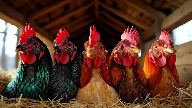 Chickens standing in a barn on straw. Six chickens are gathered in a barn, standing on straw. They have different colors and features.