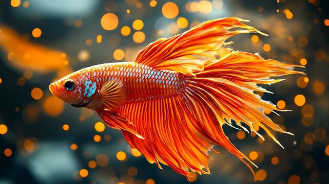 Colorful fish swims through bright spots. A fish with bright fins swims gracefully among floating orange bubbles in water.