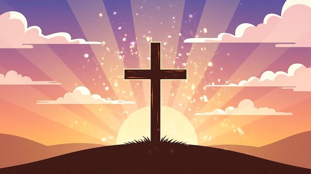 Illustration of a cross on a hill at sunrise with a vibrant sky and clouds.