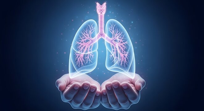 Glowing human lungs with trachea and bronchi illuminated in pink and blue