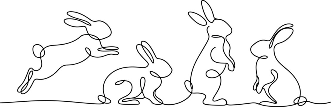 Cute hand-drawn rabbit family hopping together in playful line art illustration for Easter or children's design