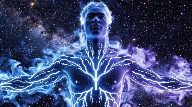 Human figure with glowing energy lines in space