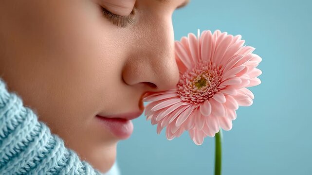 Pink flower close-up. A person is near a pink flower while breathing in its scent. The setting has a simple blue background and soft lighting.