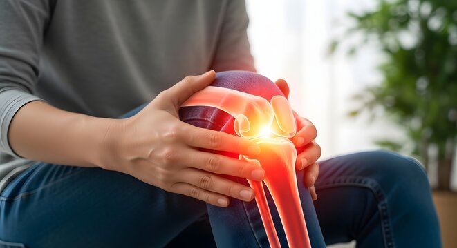 A person clutching their knee in pain with a glowing red overlay indicating injury or inflammation
