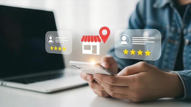 Person holding a smartphone with digital store location and customer review icons on the screen motion animated video 4k