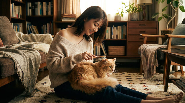 暖かい日差しの差し込むリビングで、長毛種の猫を膝に乗せてブラッシングする女性