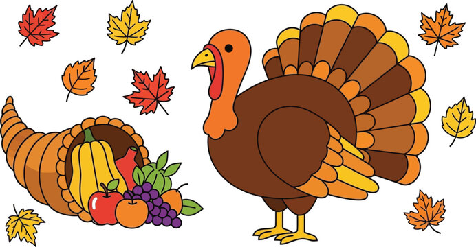 A cartoon depiction of a turkey stands beside a full cornucopia overflowing with autumnal harvest fruits and leaves.