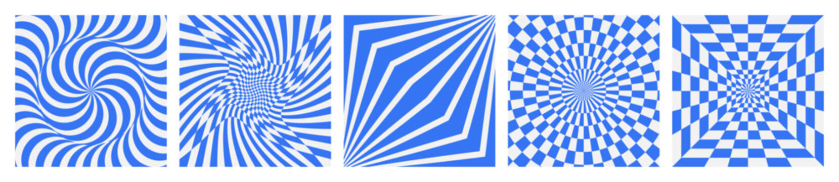 Groovy Psychedelic Op Art Background Set. 60s 70s 90s Y2K Abstract Swirl Spiral Checker Optical Illusion Vector Templates