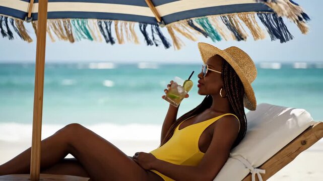 Woman in yellow swimsuit relaxing on beach chair with drink under umbrella