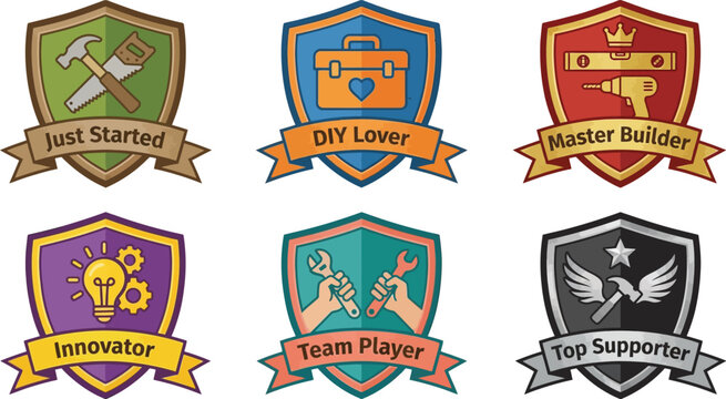 Six colorful achievement badges display various skill levels for crafting and building projects on a white background.
