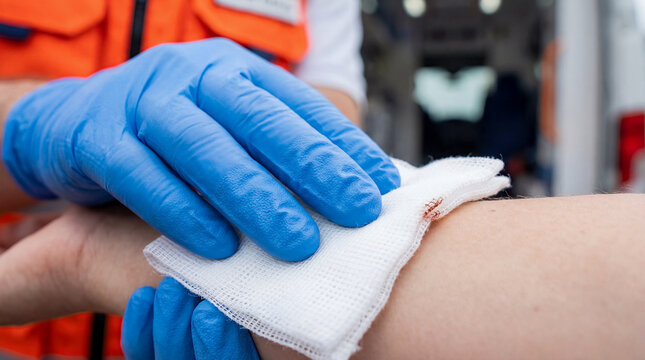Emergency medical technician pressing clean bandage onto bloody wound on patient body near ambulance vehicle concept of rapid healthcare response first aid treatment and professional rescue