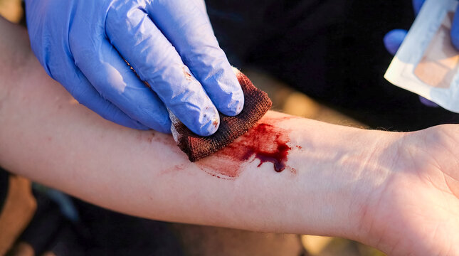 Close up of paramedic carefully cleaning bloody wound on injured patient body with sterile swab outdoors concept of professional first aid emergency medical treatment and healthcare support