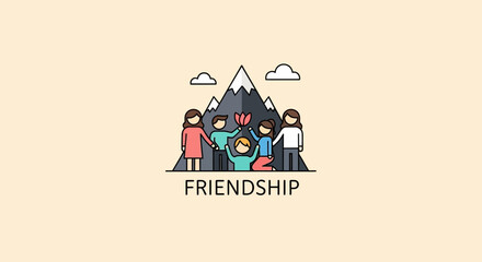 Fototapeta premium Diverse group of friends hugging under friendship mountain symbol in flat design illustration
