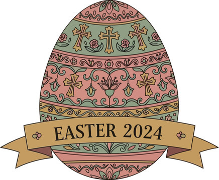Ornate, decorated Easter egg featuring crosses and floral patterns sits above a banner reading Easter 2024.