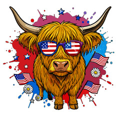 Naklejka premium Patriotic Highland Cow with American Flag Sunglasses and USA Flags Illustration