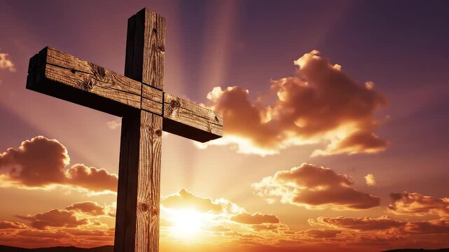 Wooden cross against sunset sky