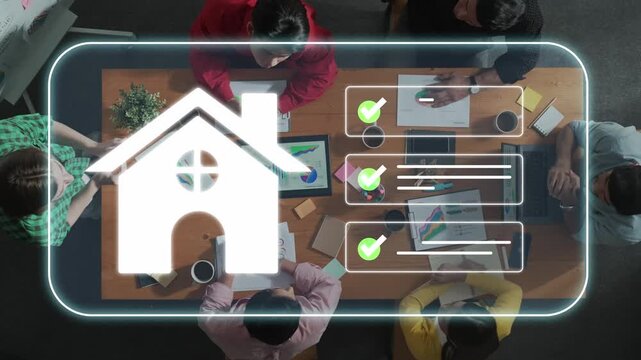 Collaborative Workplace With Team Planning and House Icon for Home Real Estate or Renovation Projects in Modern Office Setting Gluon.